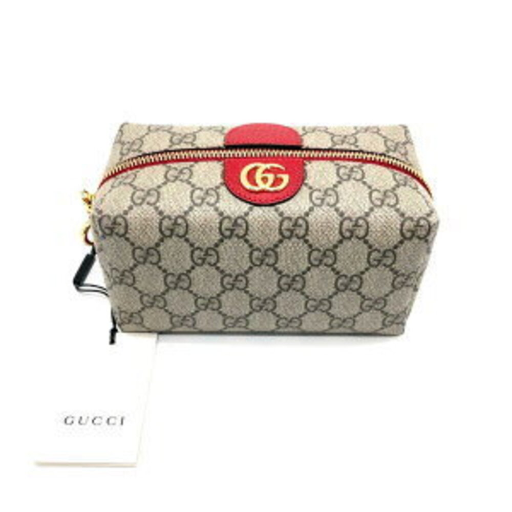 Gucci Offdia GG Cosmetic Pouch Leather Brown Gray Red